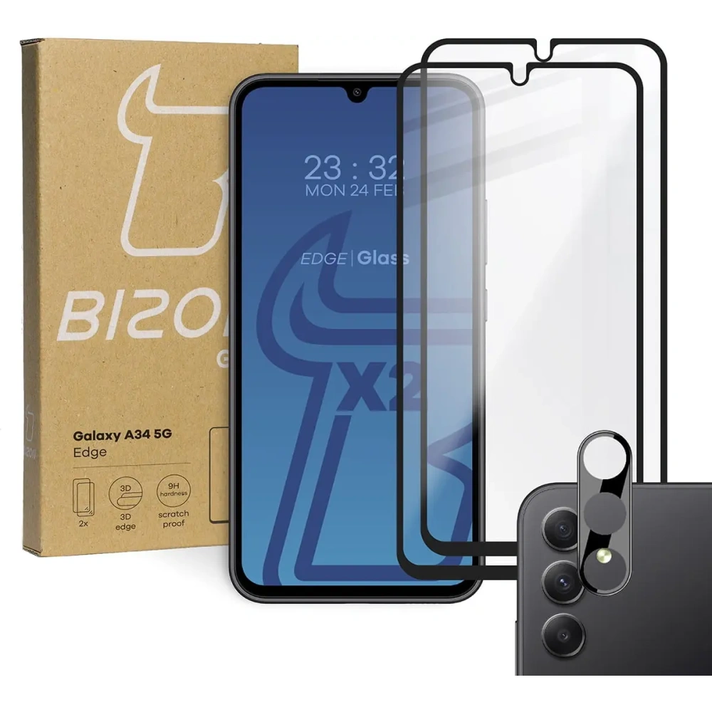 2x Szkło na ekran + szkło na aparat BIZON Edge 2 do Samsung Galaxy A34 5G