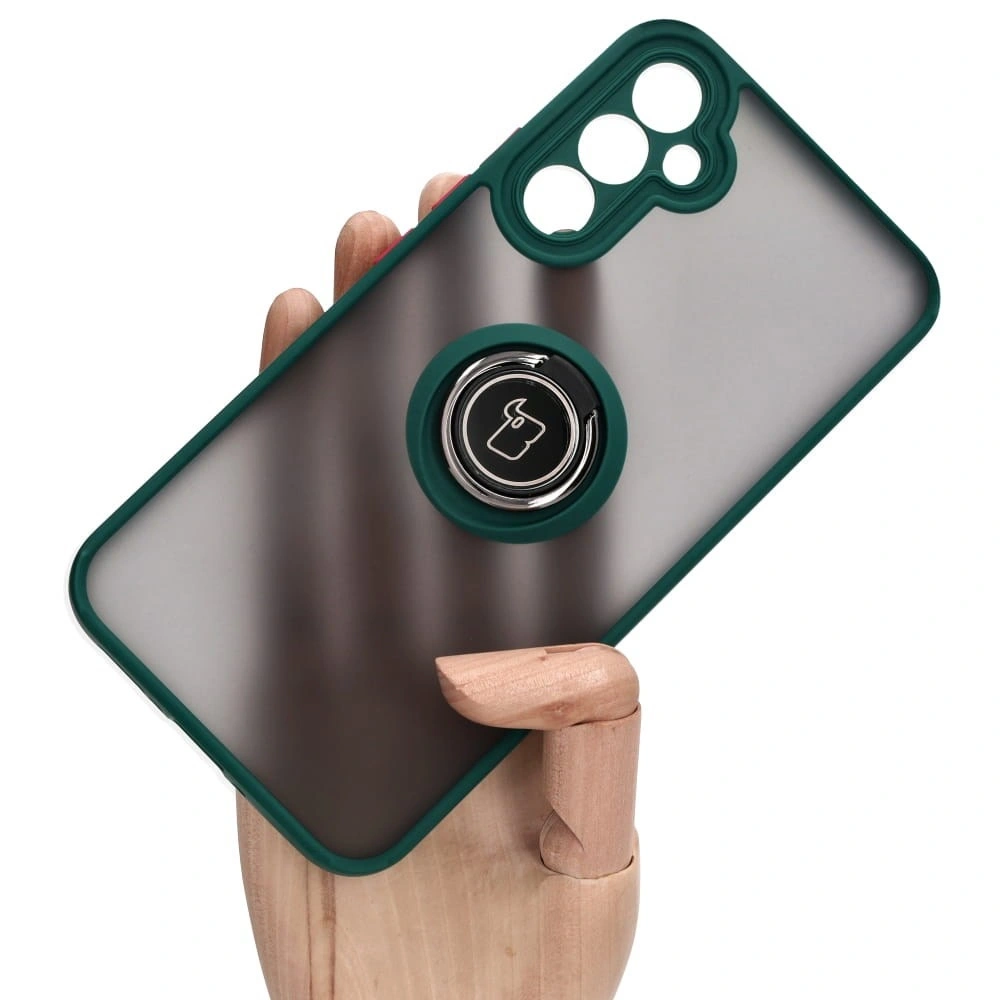 Etui z uchwytem na palec Bizon Case Hybrid Ring do Samsung Galaxy A34 5G przydymione z ciemnozieloną ramką