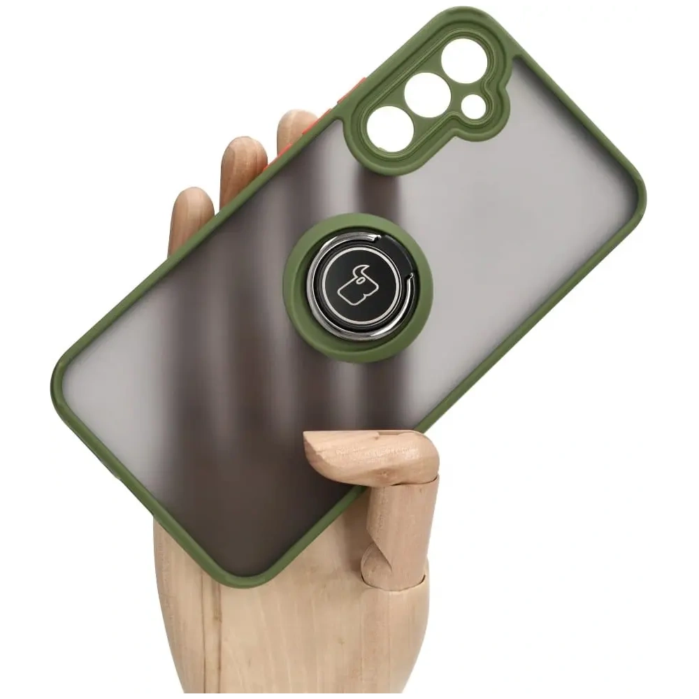 Etui z uchwytem na palec Bizon Case Hybrid Ring do Samsung Galaxy A34 5G przydymione z zieloną ramką