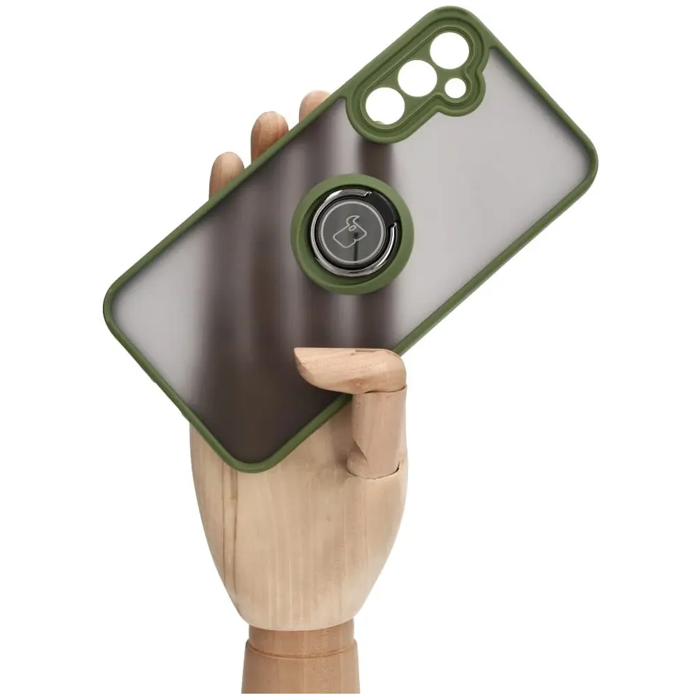 Etui z uchwytem na palec Bizon Case Hybrid Ring do Samsung Galaxy A34 5G przydymione z zieloną ramką