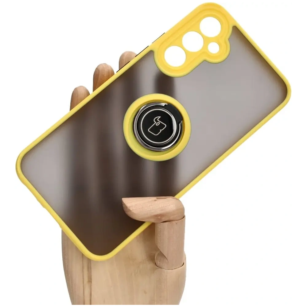 Etui z uchwytem na palec Bizon Case Hybrid Ring do Samsung Galaxy A34 5G przydymione z żółtą ramką