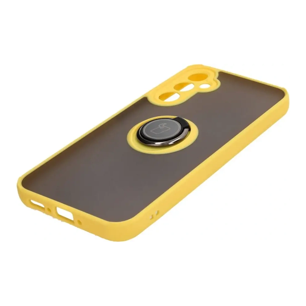 Etui z uchwytem na palec Bizon Case Hybrid Ring do Samsung Galaxy A34 5G przydymione z żółtą ramką