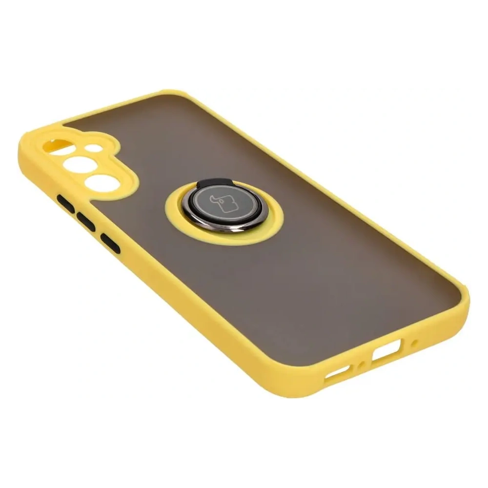 Etui z uchwytem na palec Bizon Case Hybrid Ring do Samsung Galaxy A34 5G przydymione z żółtą ramką