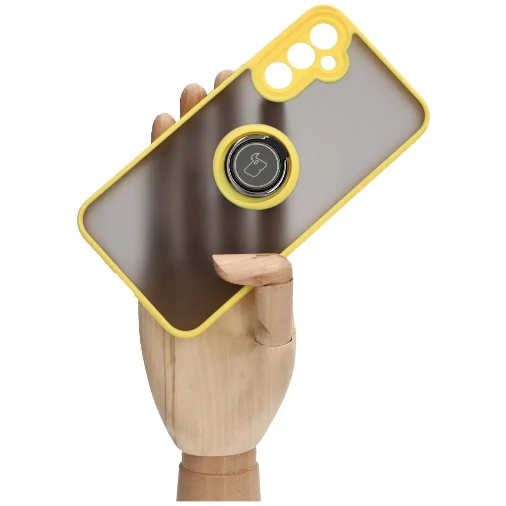 Etui z uchwytem na palec Bizon Case Hybrid Ring do Samsung Galaxy A34 5G przydymione z żółtą ramką