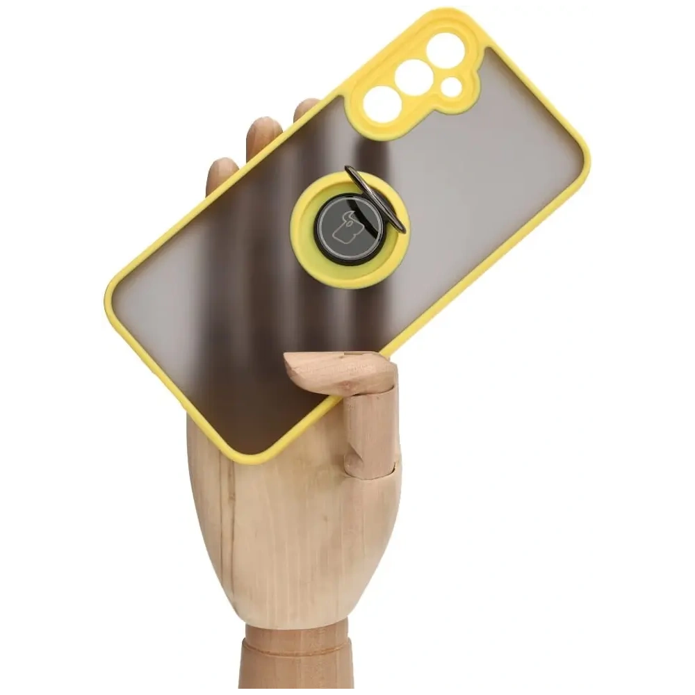 Etui z uchwytem na palec Bizon Case Hybrid Ring do Samsung Galaxy A34 5G przydymione z żółtą ramką