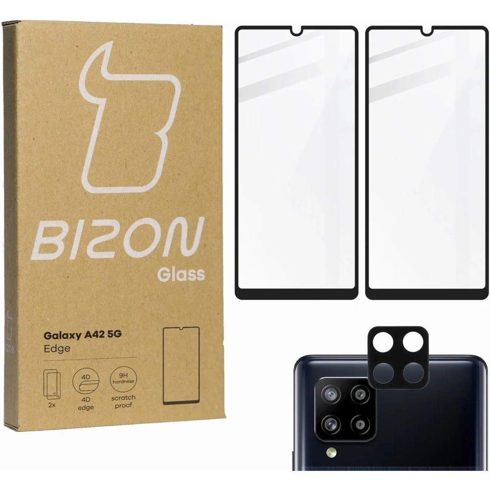 2x szkło hartowane Bizon Glass Edge + ochrona na obiektyw Samsung Galaxy A42 5G czarne