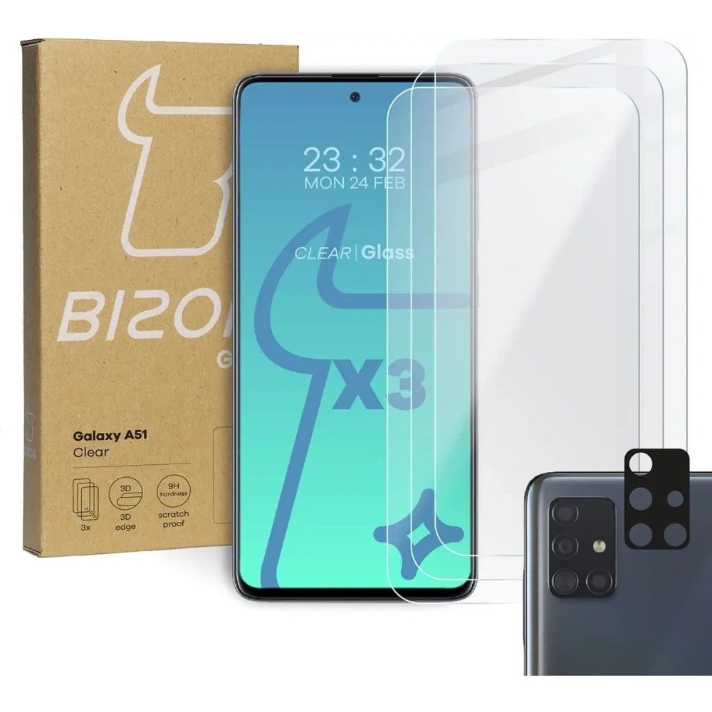 3x szkło hartowane Bizon Glass Clear + szkło na obiektyw Samsung Galaxy A51