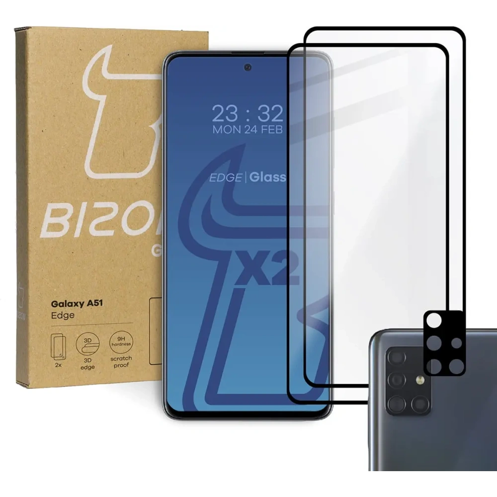 2x szkło hartowane Bizon Glass Edge + ochrona na obiektyw Samsung Galaxy A51 czarne