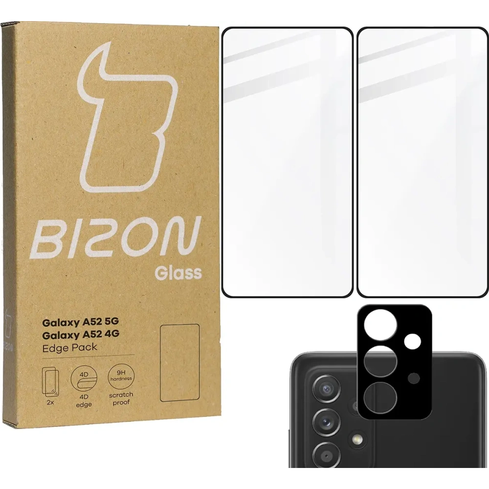 Szkło hartowane Bizon Glass Edge - [2 PACK] + ochrona na obiektyw Samsung Galaxy A52s 5G A52 4G/5G czarne