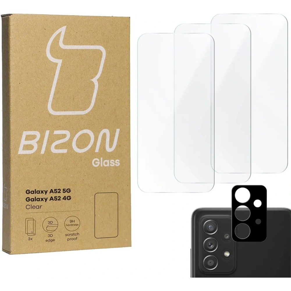 Szkło hartowane Bizon Glass Clear - 3 szt. + obiektyw Samsung Galaxy A52s 5G A52 4G/5G