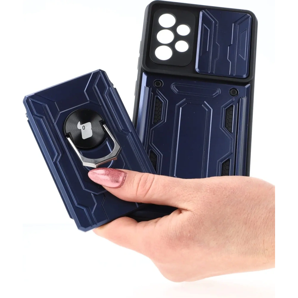 Etui Bizon Case Camshield Card Slot Ring do Samsung Galaxy A52s 5G A52 4G/5G granatowe