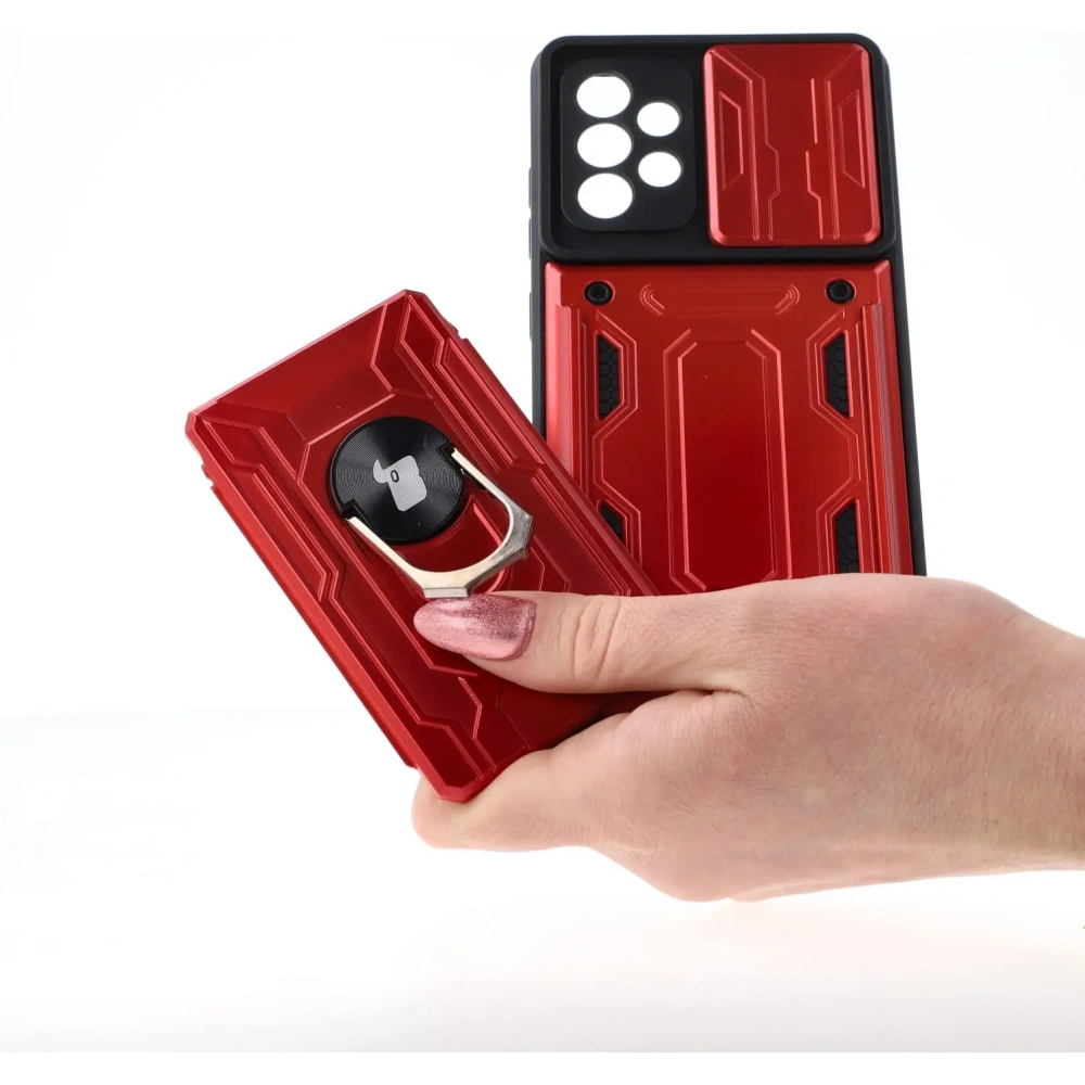 Etui Bizon Case Camshield Card Slot Ring do Samsung Galaxy A52s 5G A52 4G/5G czerwone