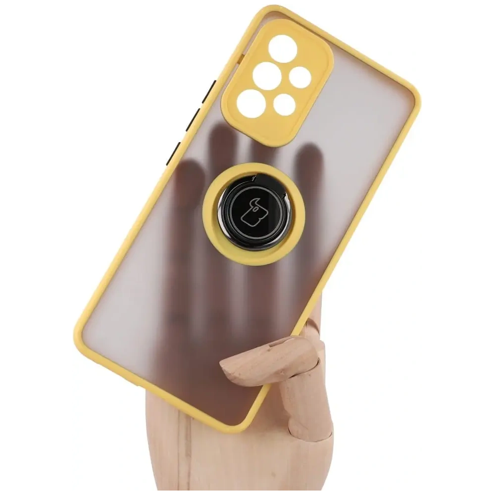 Etui z uchwytem na palec Bizon Case Hybrid Ring do Samsung Galaxy A53 5G przydymione z żółtą ramką