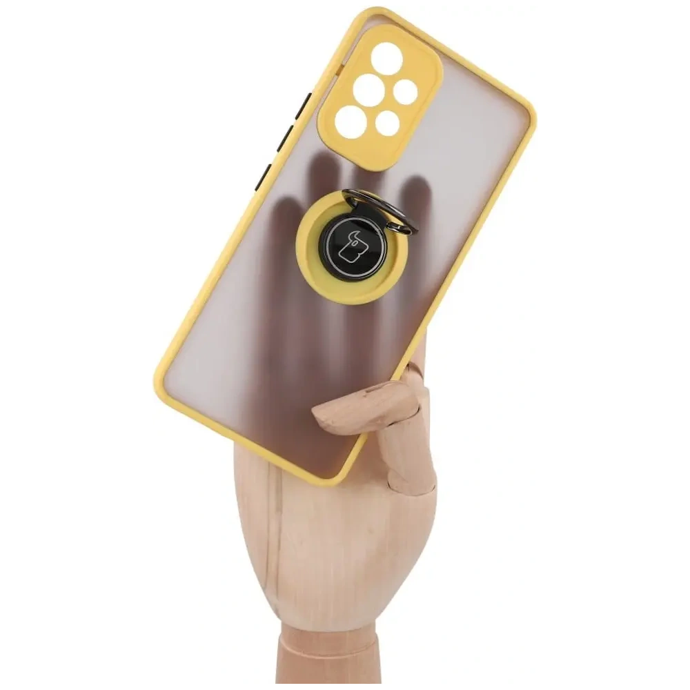 Etui z uchwytem na palec Bizon Case Hybrid Ring do Samsung Galaxy A53 5G przydymione z żółtą ramką