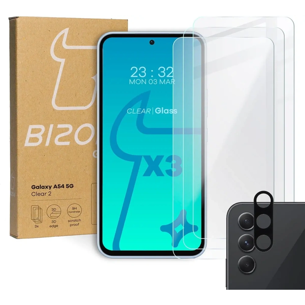 3x Szkło na ekran + szkło na aparat BIZON Clear 2 do Samsung Galaxy A54 5G