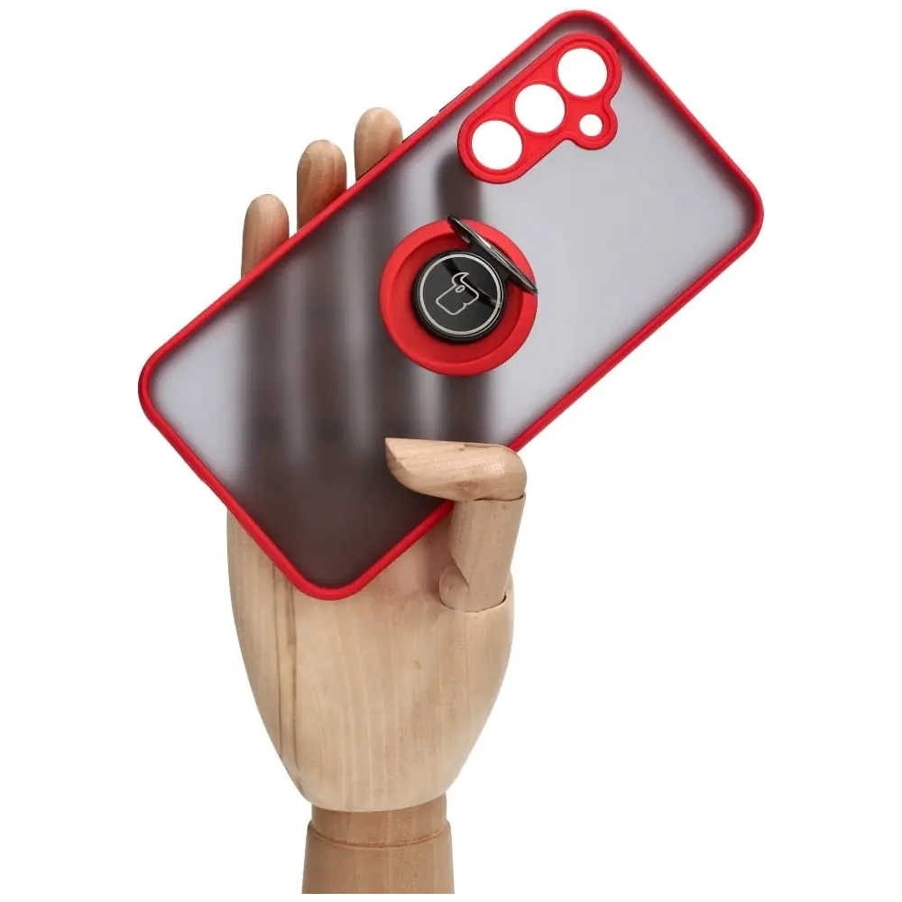 Etui z uchwytem na palec Bizon Case Hybrid Ring do Samsung Galaxy A54 5G przydymione z czerwoną ramką