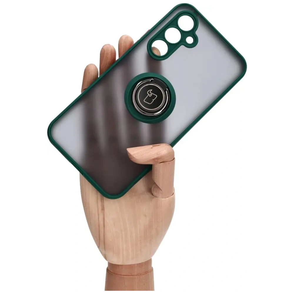 Etui z uchwytem na palec Bizon Case Hybrid Ring do Samsung Galaxy A54 5G przydymione z ciemnozieloną ramką