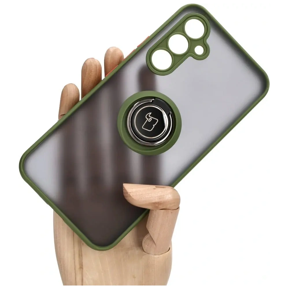Etui z uchwytem na palec Bizon Case Hybrid Ring do Samsung Galaxy A54 5G przydymione z zieloną ramką