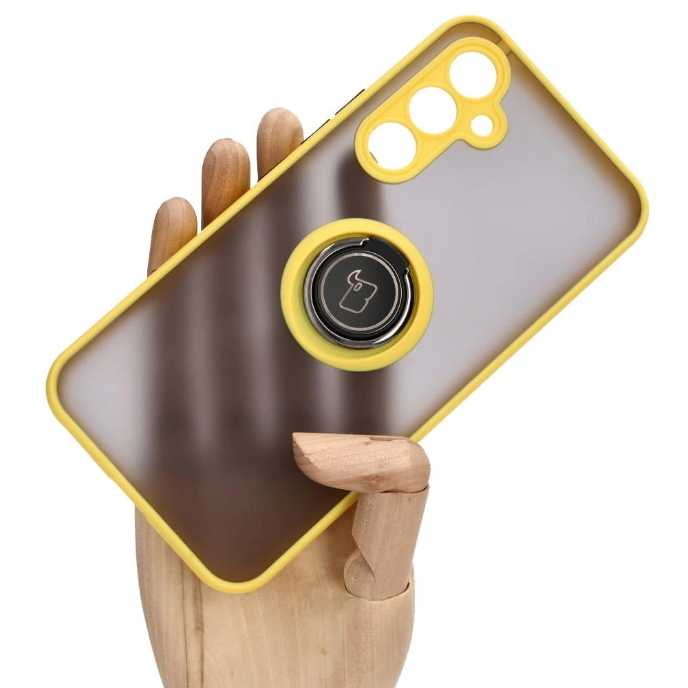 Etui z uchwytem na palec Bizon Case Hybrid Ring do Samsung Galaxy A54 5G przydymione z żółtą ramką
