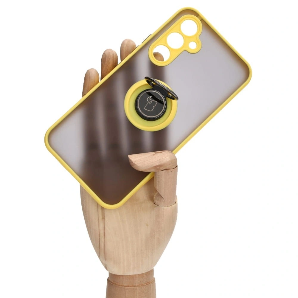 Etui z uchwytem na palec Bizon Case Hybrid Ring do Samsung Galaxy A54 5G przydymione z żółtą ramką