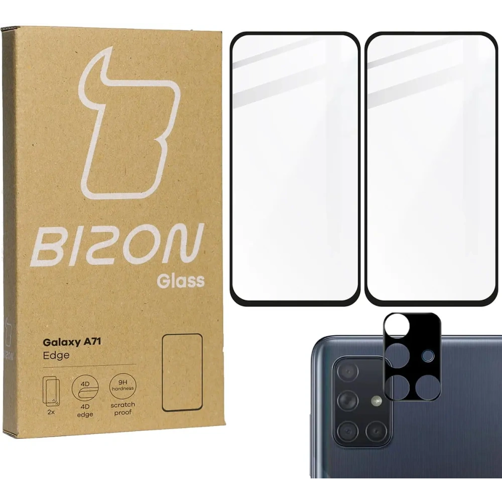 2x szkło hartowane Bizon Glass Edge + ochrona na obiektyw Samsung Galaxy A71 czarne