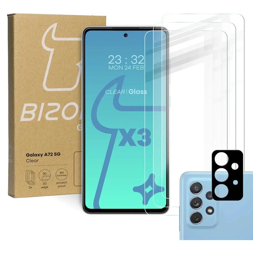 3x szkło hartowane Bizon Glass Clear + szkło na obiektyw Samsung Galaxy A72 5G