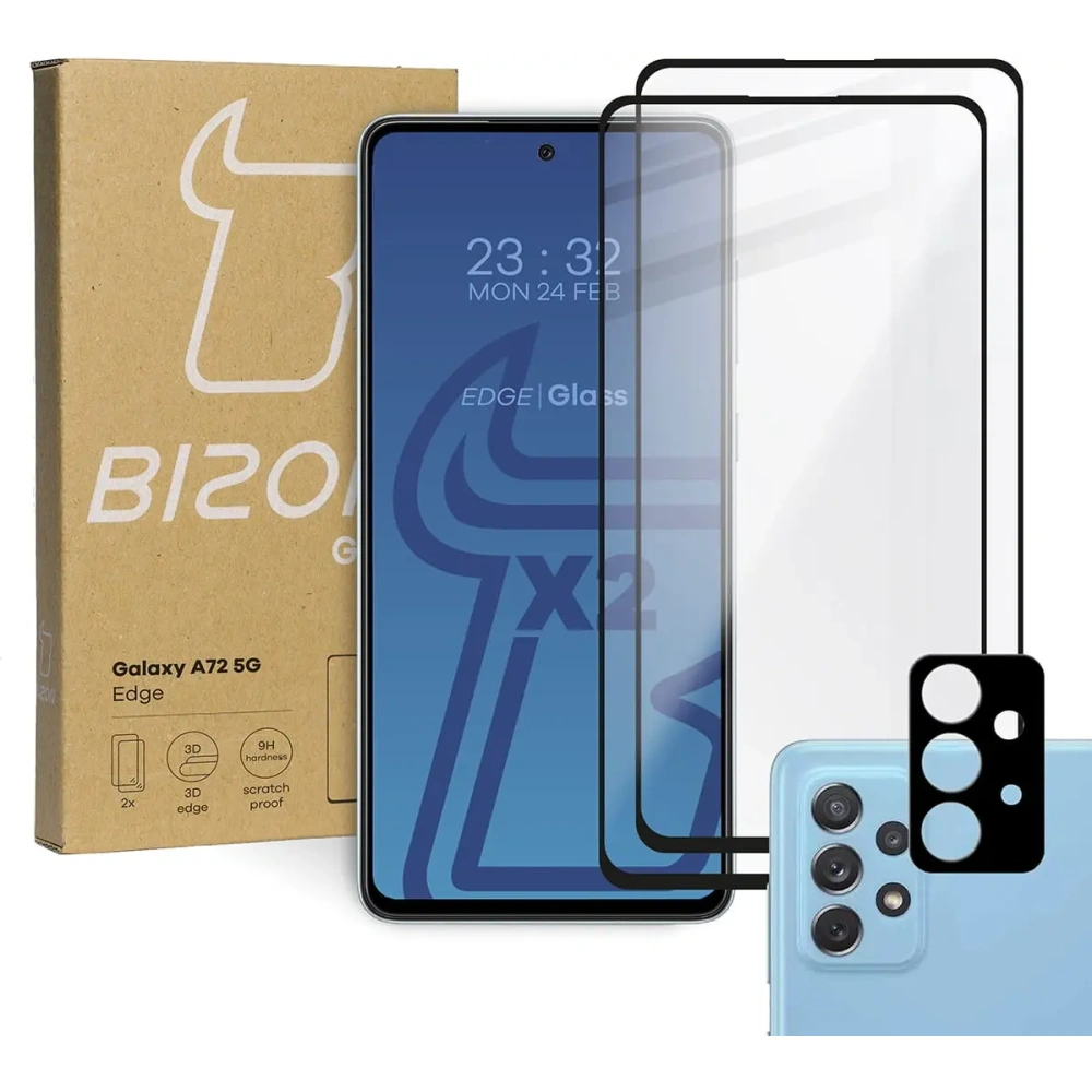 2x szkło hartowane Bizon Glass Edge + ochrona na obiektyw Samsung Galaxy A72 5G czarne