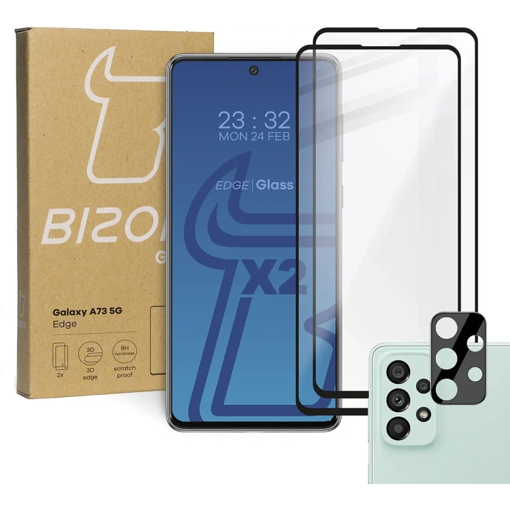 Szkło hartowane Bizon Glass Edge - [2 PACK] + ochrona na obiektyw Samsung Galaxy A73 czarne