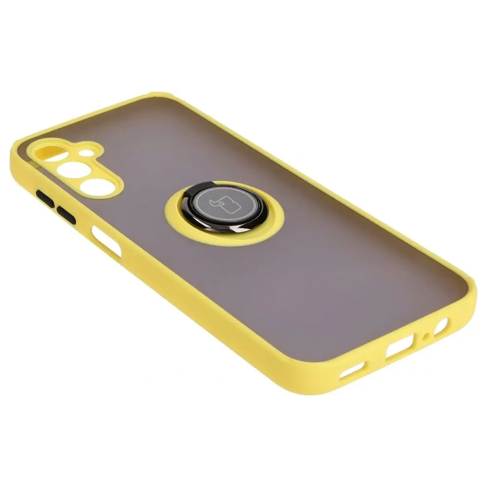 Etui z uchwytem na palec Bizon Case Hybrid Ring do Samsung Galaxy M14 5G przydymione z żółtą ramką