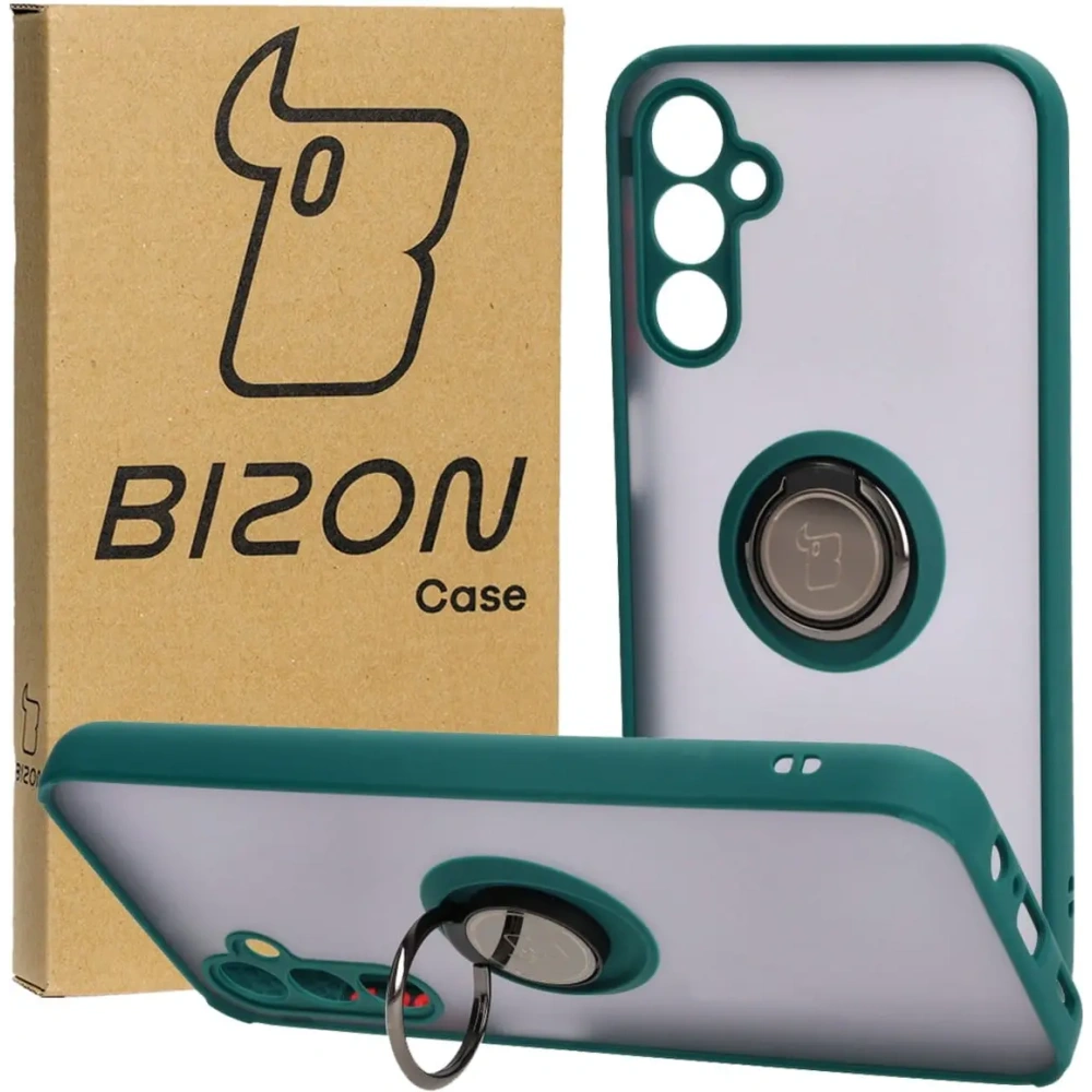 Etui z uchwytem na palec Bizon Case Hybrid Ring do Samsung Galaxy M14 5G przydymione z ciemnozieloną ramką