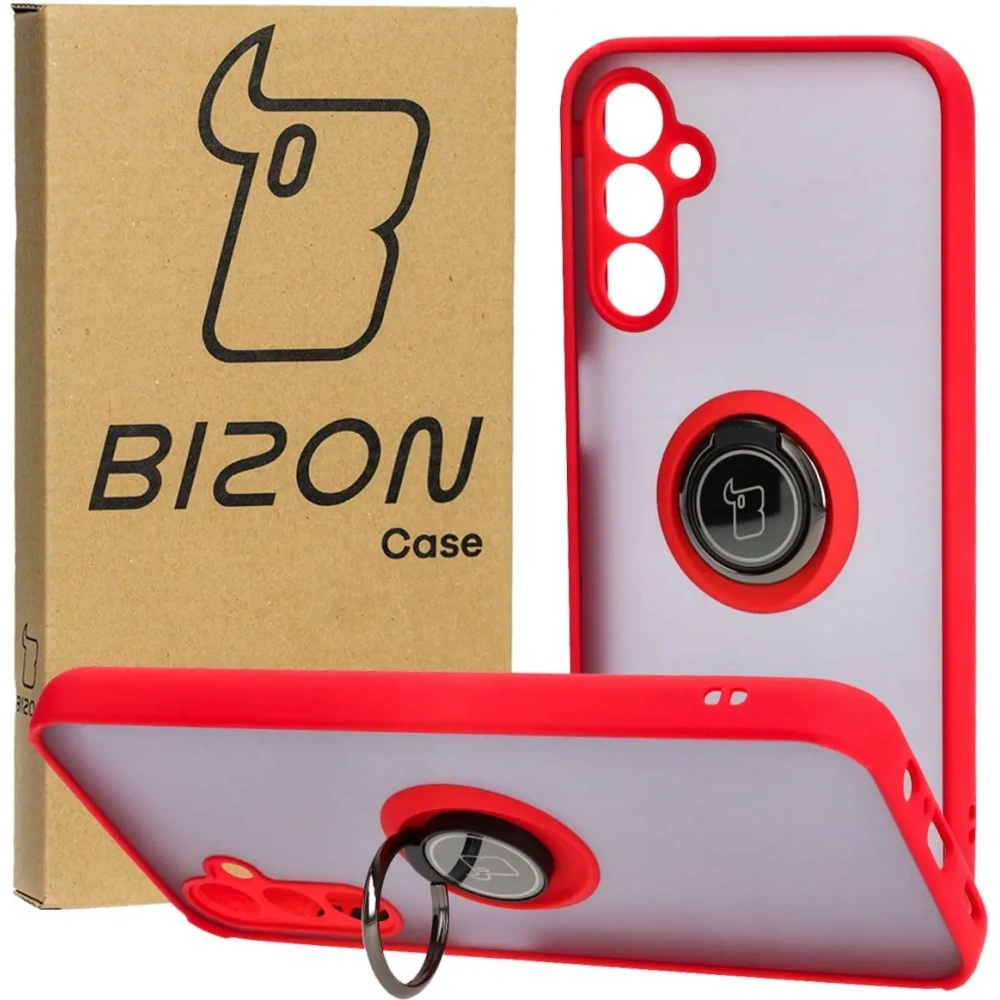 Etui z uchwytem na palec Bizon Case Hybrid Ring do Samsung Galaxy M14 5G przydymione z czerwoną ramką