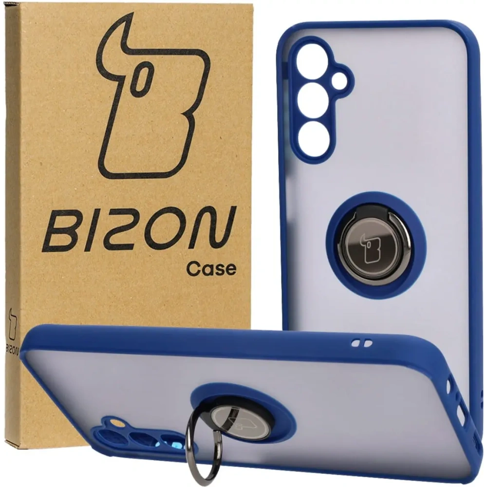Etui z uchwytem na palec Bizon Case Hybrid Ring do Samsung Galaxy M14 5G przydymione z granatową ramką