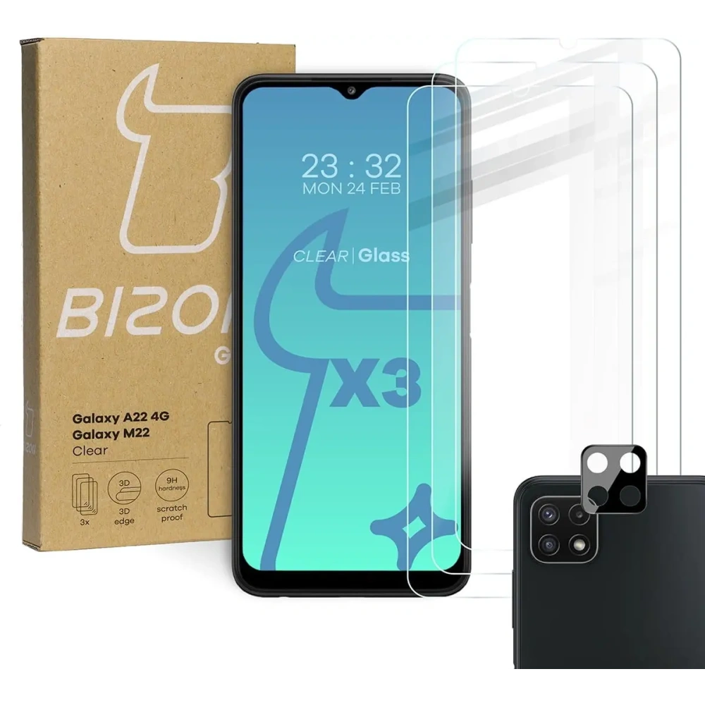 3x szkło hartowane Bizon Glass Clear + szkło na obiektyw Samsung Galaxy A22 4G / M22