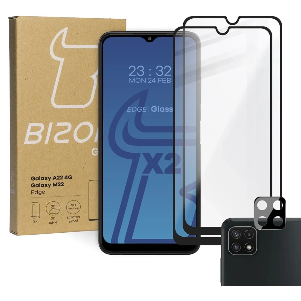 2x szkło hartowane Bizon Glass Edge + ochrona na obiektyw Samsung Galaxy A22 4G / M22