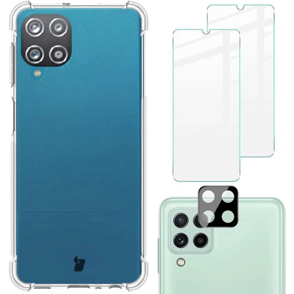Etui + 2x szkło na ekran + szkło na obiektyw Bizon Case Clear Pack do Samsung Galaxy A22 4G / M22 przezroczyste