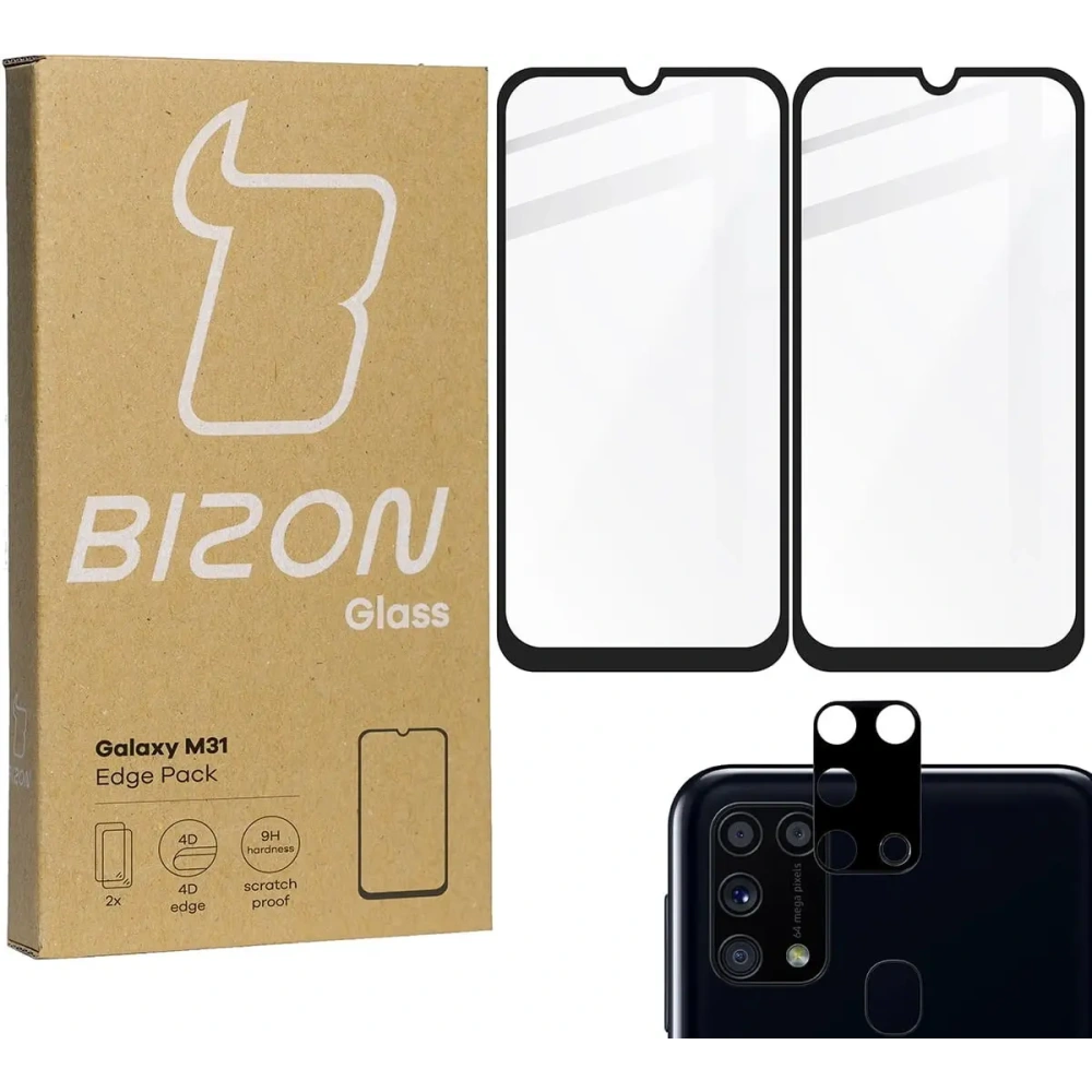 2x szkło hartowane Bizon Glass Edge + ochrona na obiektyw Samsung Galaxy M31 czarne