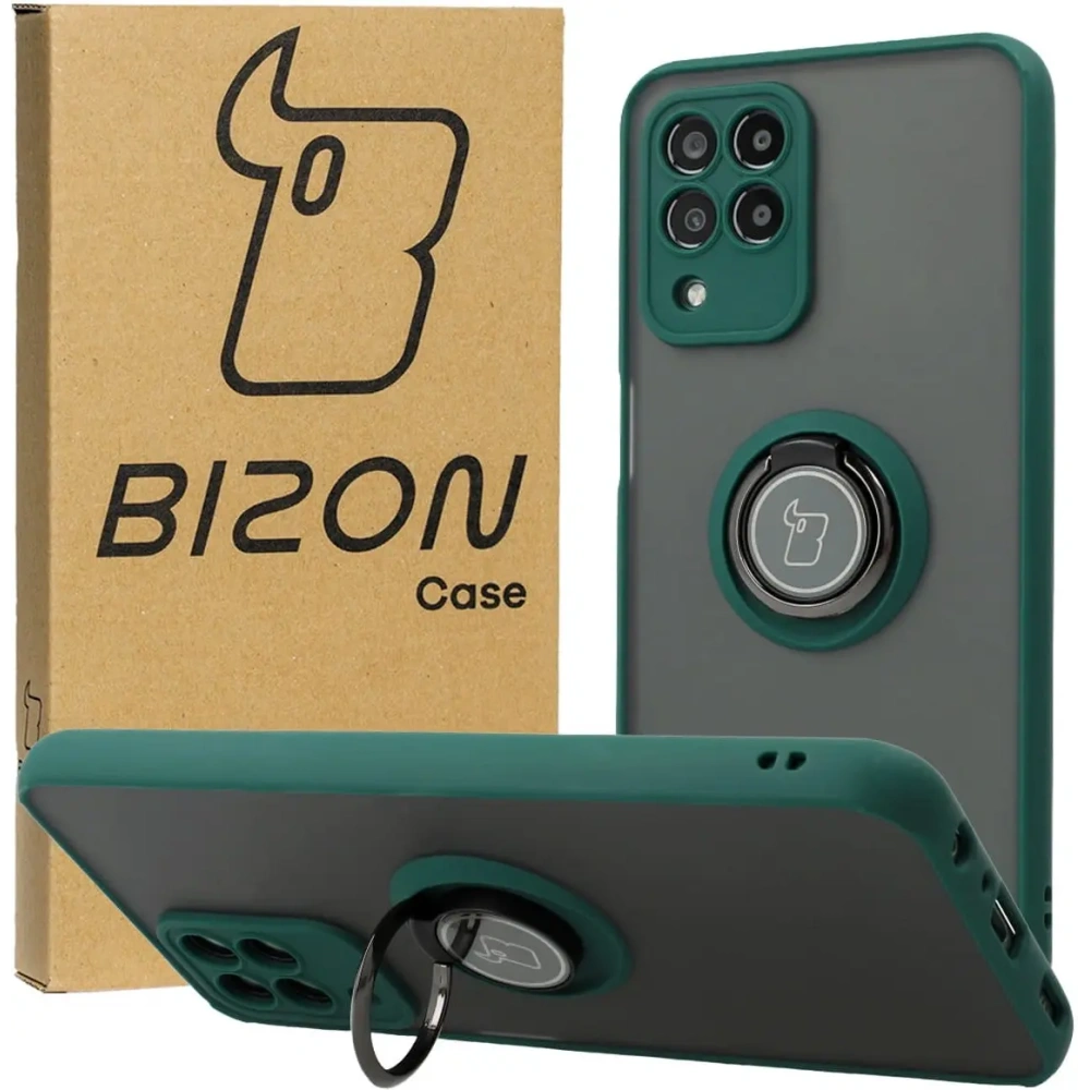 Etui z uchwytem na palec Bizon Case Hybrid Ring do Samsung Galaxy M33 5G przydymione z ciemnozieloną ramką