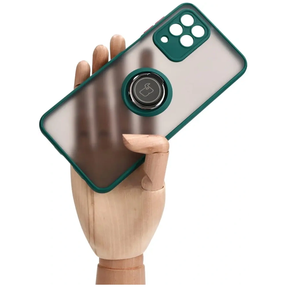 Etui z uchwytem na palec Bizon Case Hybrid Ring do Samsung Galaxy M33 5G przydymione z ciemnozieloną ramką