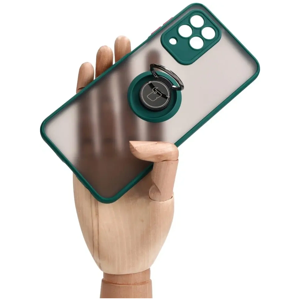Etui z uchwytem na palec Bizon Case Hybrid Ring do Samsung Galaxy M33 5G przydymione z ciemnozieloną ramką