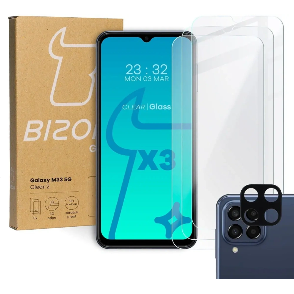3x Szkło na ekran + szkło na aparat BIZON Clear 2 do Samsung Galaxy M33 5G