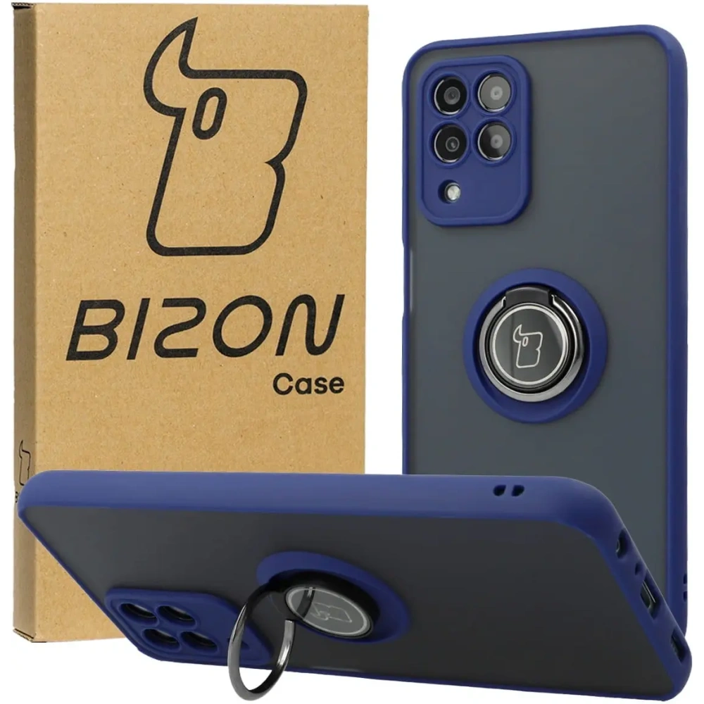 Etui z uchwytem na palec Bizon Case Hybrid Ring do Samsung Galaxy M33 5G przydymione z granatową ramką