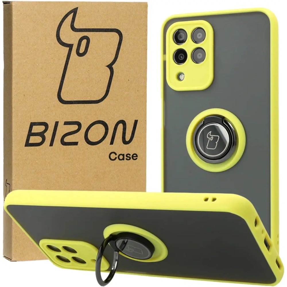 Etui z uchwytem na palec Bizon Case Hybrid Ring do Samsung Galaxy M33 5G przydymione z żółtą ramką