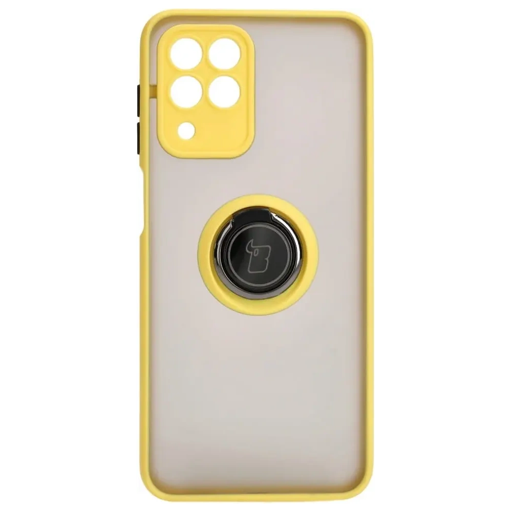 Etui z uchwytem na palec Bizon Case Hybrid Ring do Samsung Galaxy M33 5G przydymione z żółtą ramką