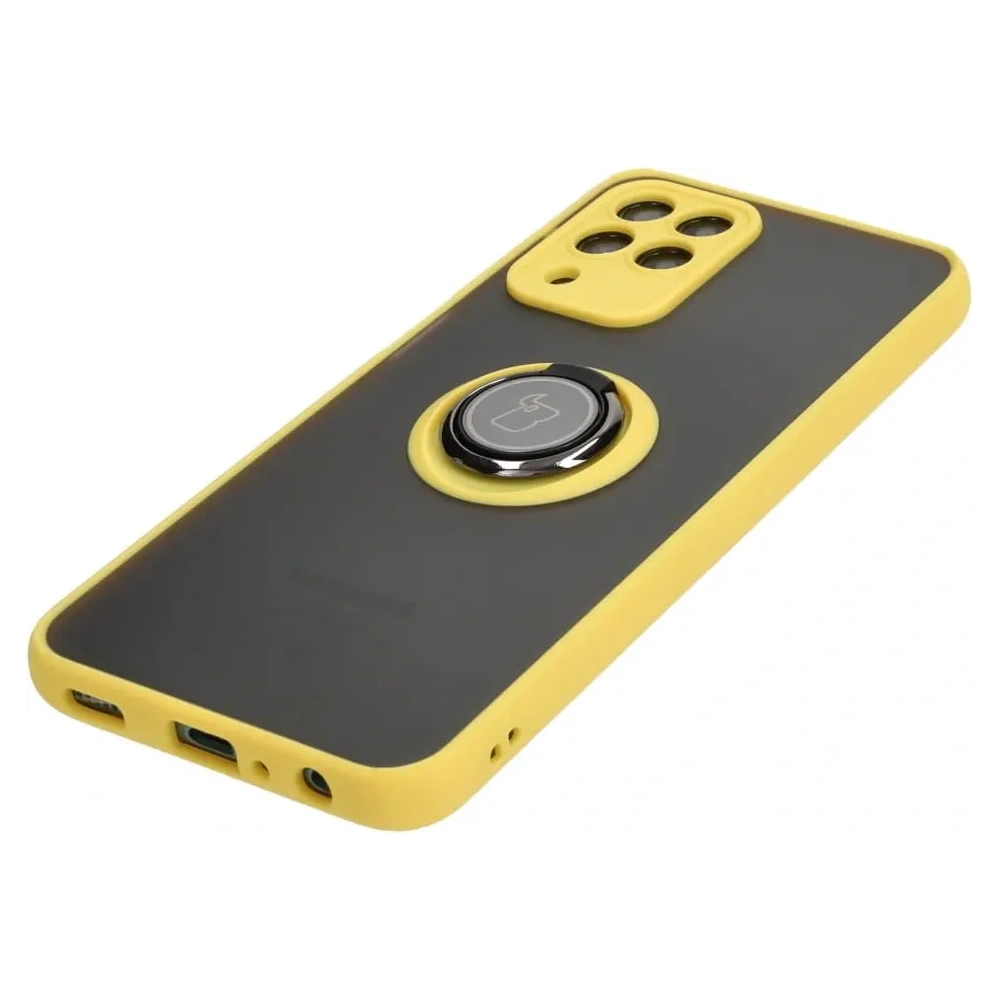 Etui z uchwytem na palec Bizon Case Hybrid Ring do Samsung Galaxy M33 5G przydymione z żółtą ramką