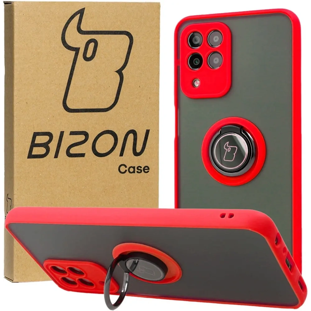Etui z uchwytem na palec Bizon Case Hybrid Ring do Samsung Galaxy M33 5G przydymione z czerwoną ramką