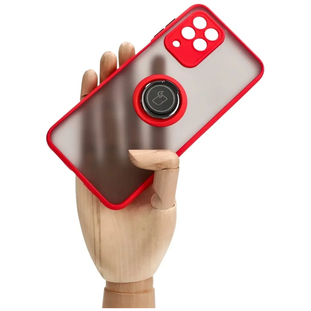 Etui z uchwytem na palec Bizon Case Hybrid Ring do Samsung Galaxy M33 5G przydymione z czerwoną ramką