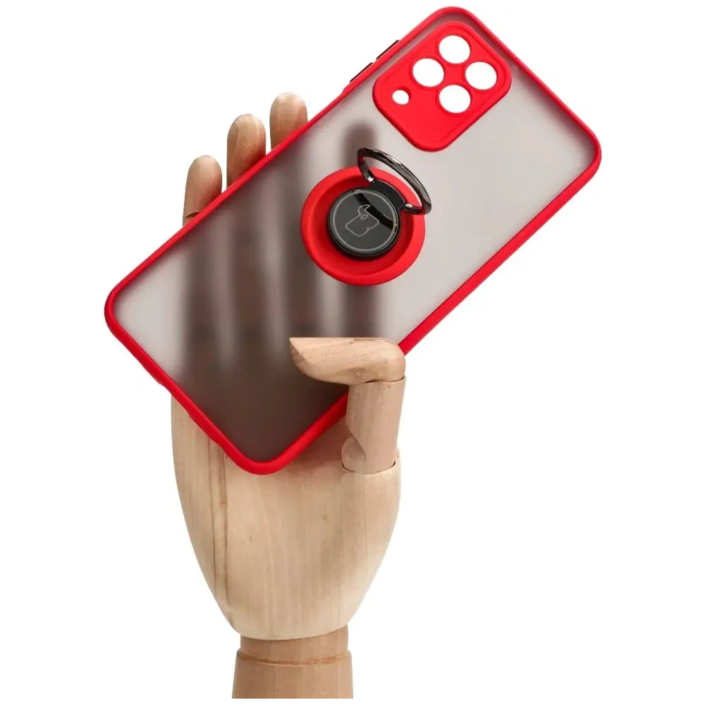 Etui z uchwytem na palec Bizon Case Hybrid Ring do Samsung Galaxy M33 5G przydymione z czerwoną ramką