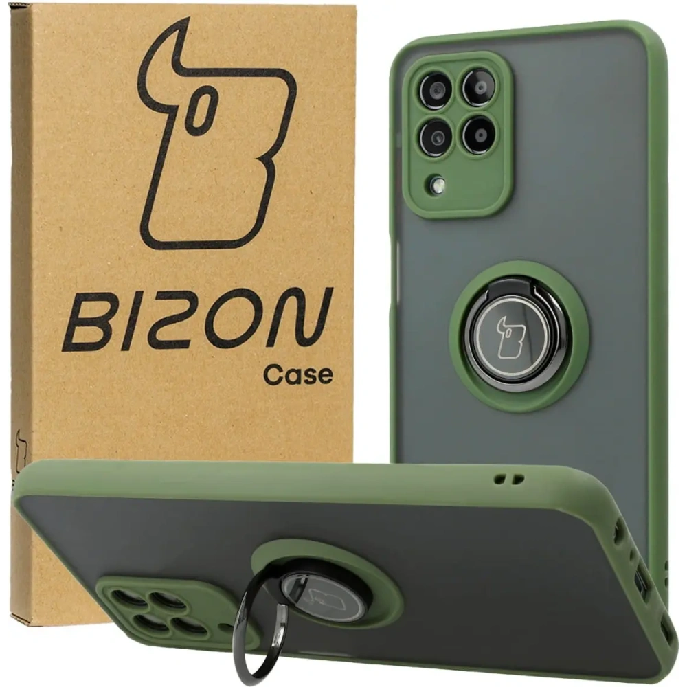 Etui z uchwytem na palec Bizon Case Hybrid Ring do Samsung Galaxy M33 5G przydymione z zieloną ramką