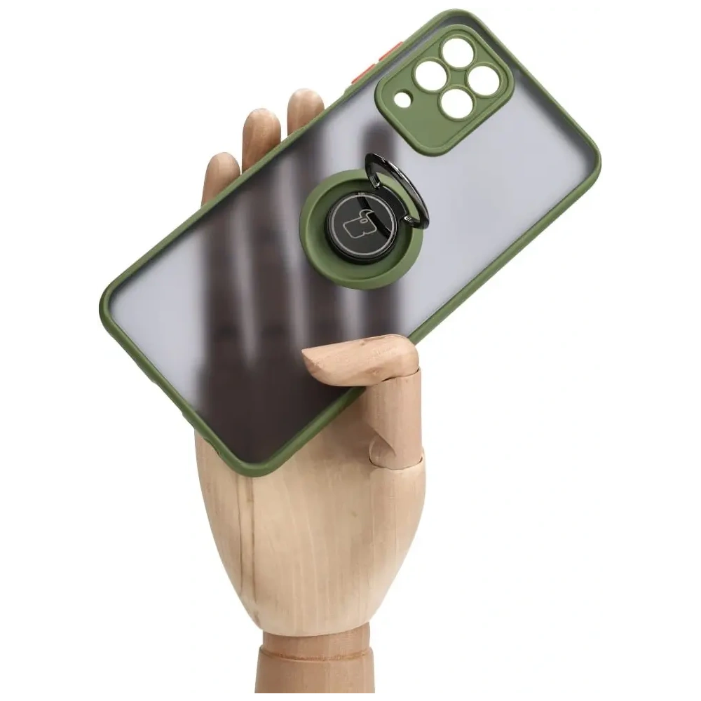 Etui z uchwytem na palec Bizon Case Hybrid Ring do Samsung Galaxy M33 5G przydymione z zieloną ramką