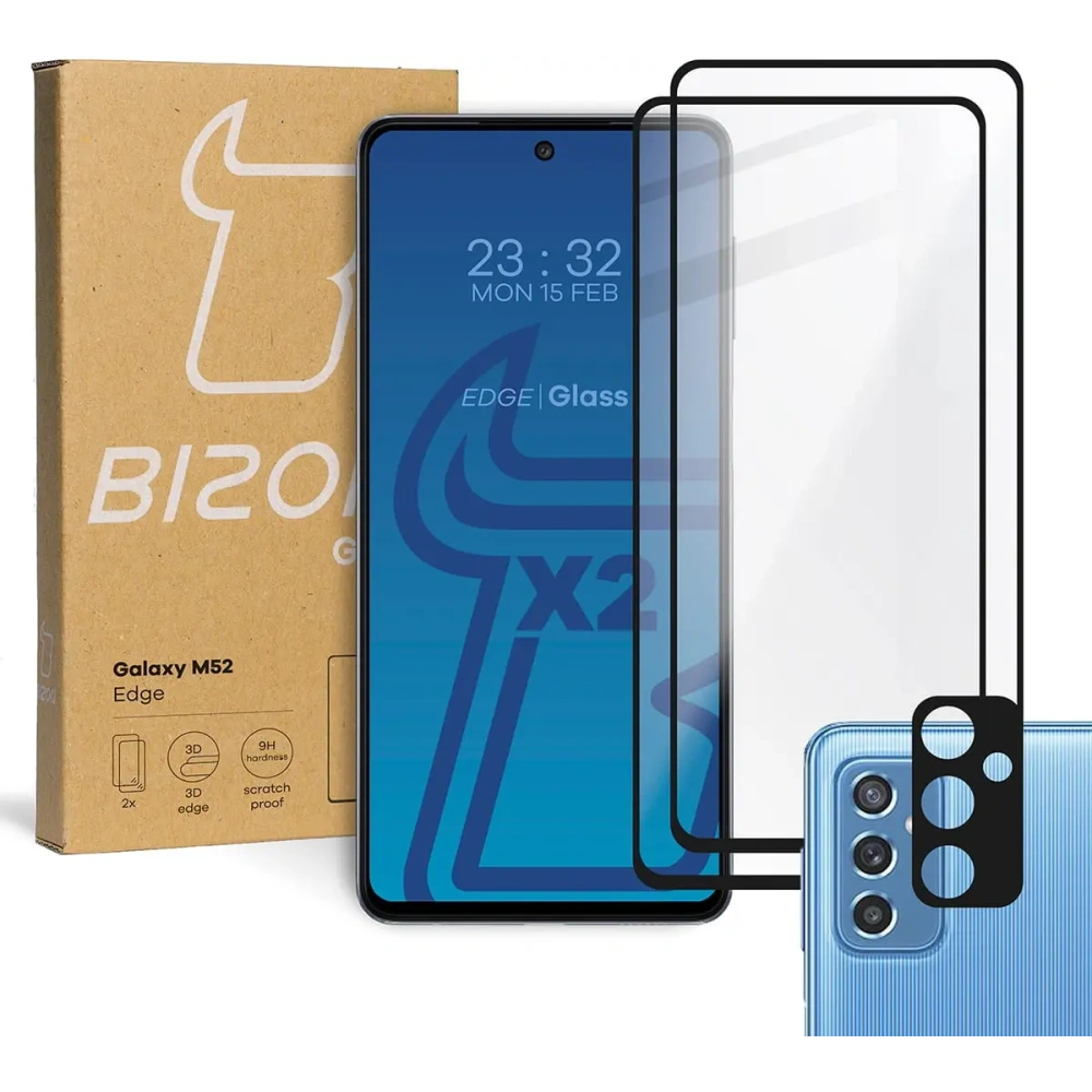 2x szkło hartowane Bizon Glass Edge + ochrona na obiektyw Samsung Galaxy M52 czarne
